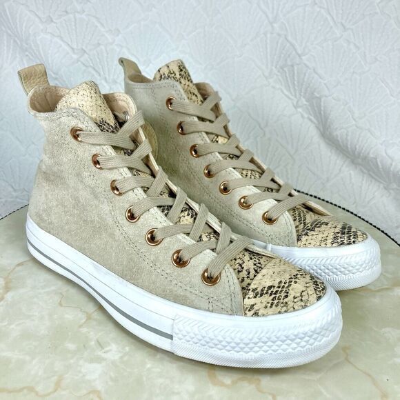 Converse High Top Sneakers Womens Size 7 Beige Suede Snakeprint Streetwear Shoes - Picture 1 of 12
